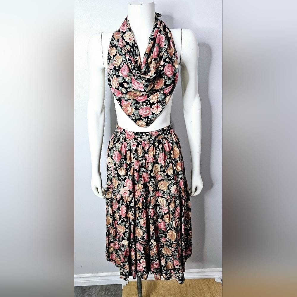 Vintage 70s Floral Print Skirt with Hair Scarf